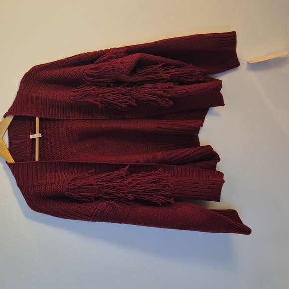 NWT Raga Open Cardigan Fringe Cherry Red Knit Drop Shoulder Boxy Size Large - Picture 4 of 10